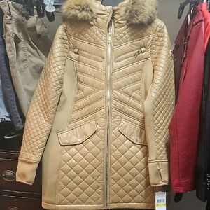 Michael Kors Tan Quilted Puffer Coat with Faux Fur
